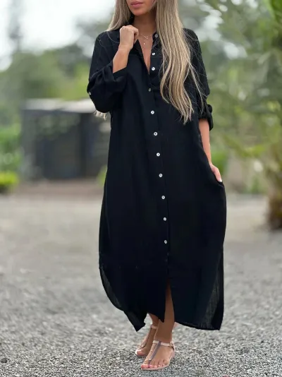 Women Casual Cotton Linen A-Line Maxi Dress Long Sleeve Solid Color