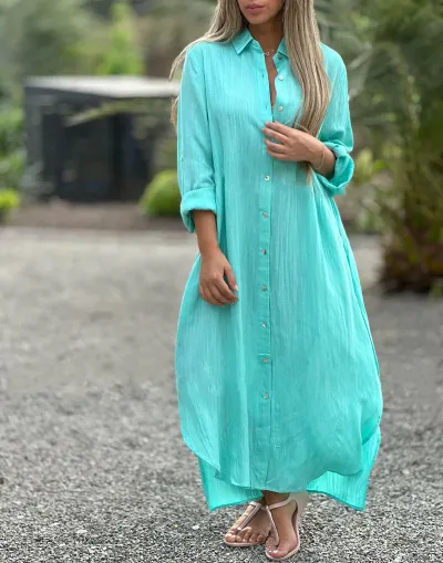 Women Casual Cotton Linen A-Line Maxi Dress Long Sleeve Solid Color