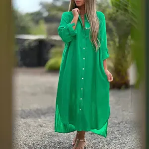 Women Casual Cotton Linen A-Line Maxi Dress Long Sleeve Solid Color