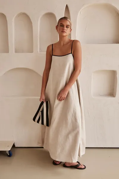 Summer Women Casual Sexy Sling Maxi Dress Solid Color Cotton Linen