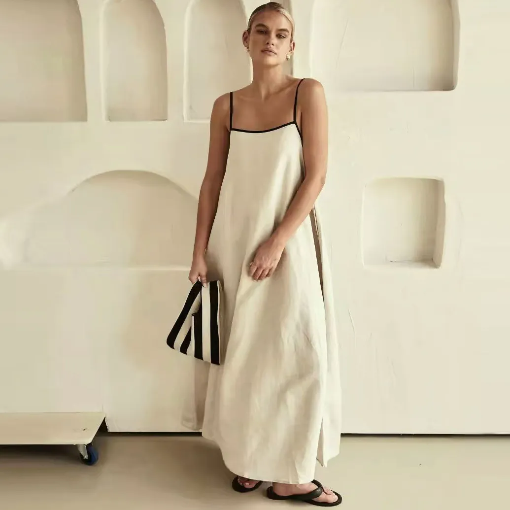 Summer Women Casual Sexy Sling Maxi Dress Solid Color Cotton Linen