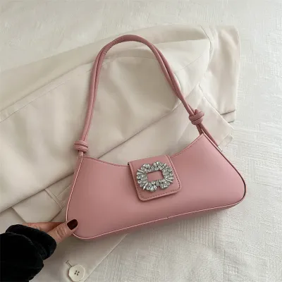 Women Fashionable Solid Color Rhinestone Decorative Shoulder Underarm Bag Medium