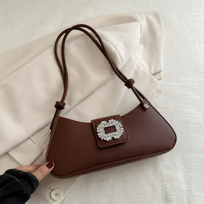 Women Fashionable Solid Color Rhinestone Decorative Shoulder Underarm Bag Medium