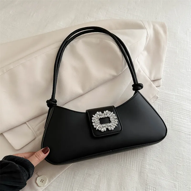 Women Fashionable Solid Color Rhinestone Decorative Shoulder Underarm Bag Medium