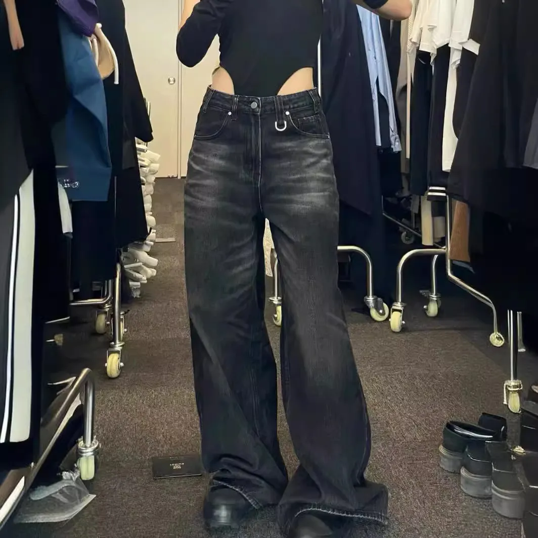 Women Vintage Washed Black Loose Wide Leg Jeans