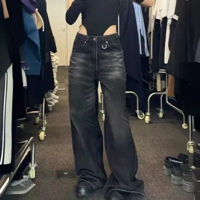 Women Vintage Washed Black Loose Wide Leg Jeans