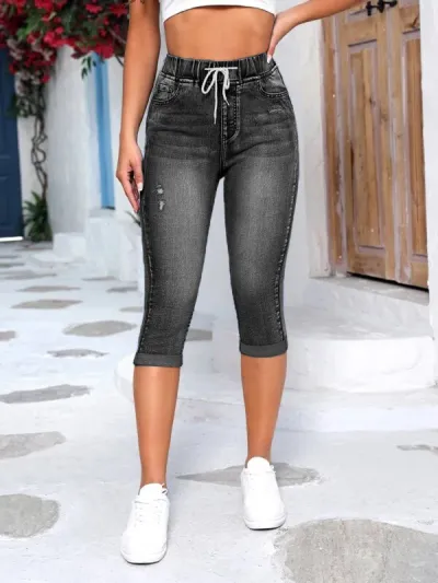 Women Fashion Elastic Waist Drawstring Skinny Jeans