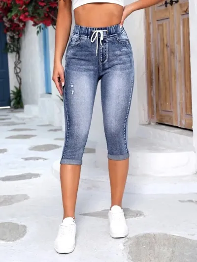 Women Fashion Elastic Waist Drawstring Skinny Jeans