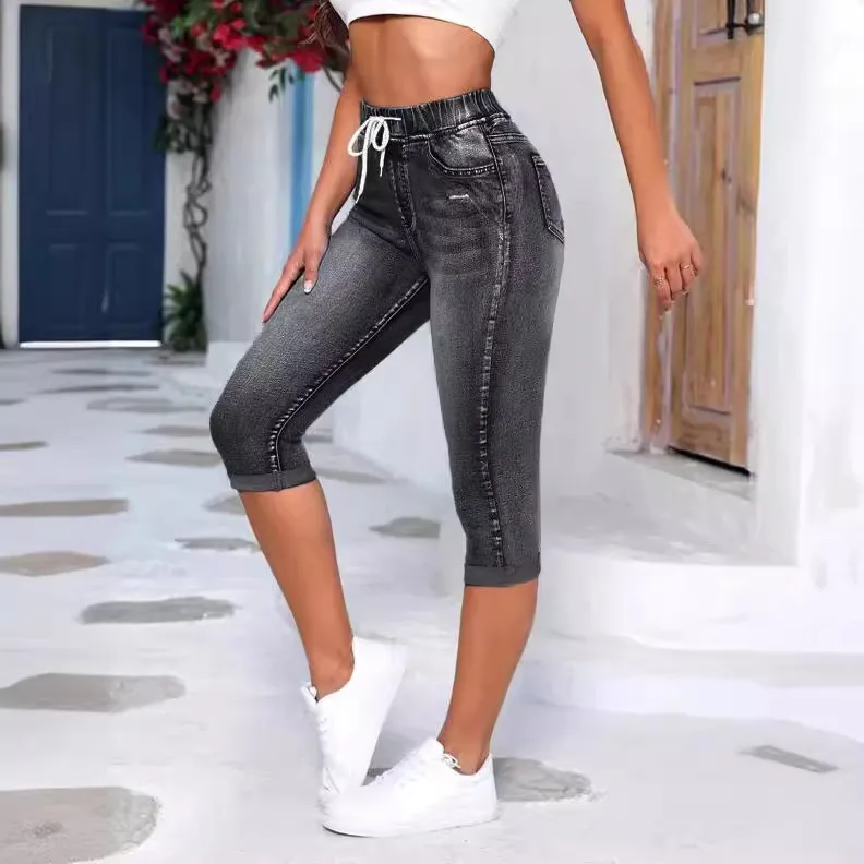 Women Fashion Elastic Waist Drawstring Skinny Jeans