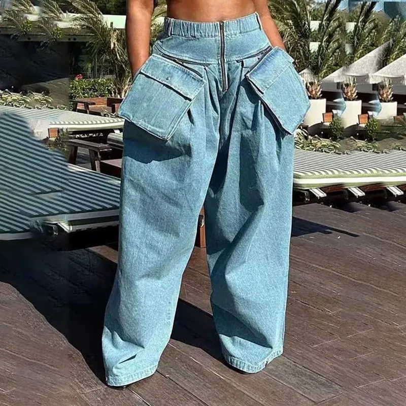 Women Fashion Casual Multi-Pocket Loose Wide-Leg Denim Jeans