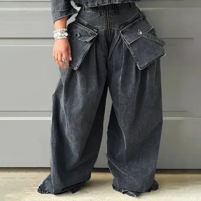 Women Fashion Casual Multi-Pocket Loose Wide-Leg Denim Jeans