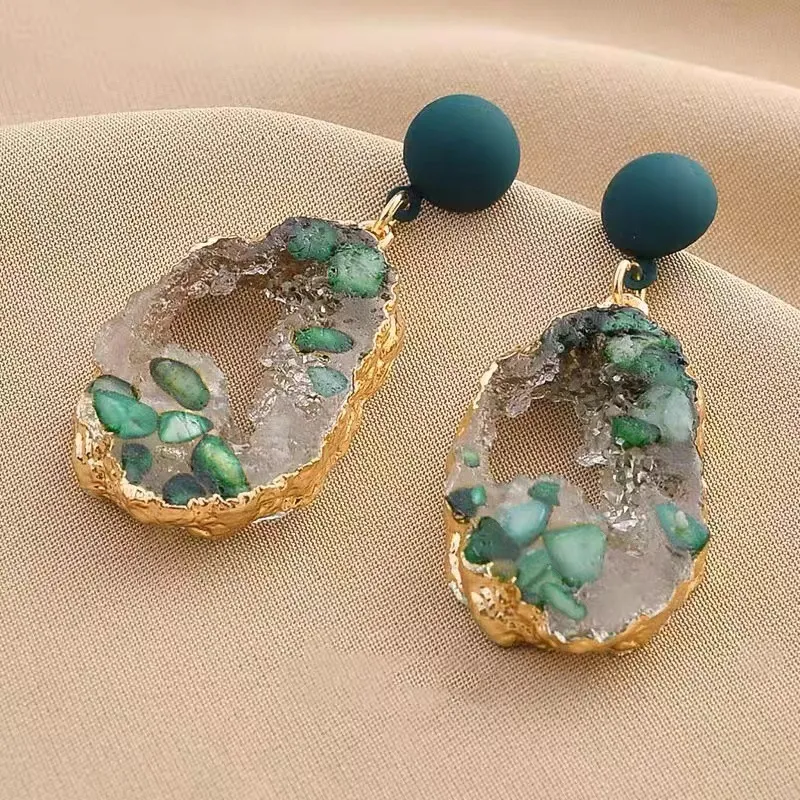 Women Retro Emerald Irregular Drop Earrings Vintage Metal Geometric Jewelry