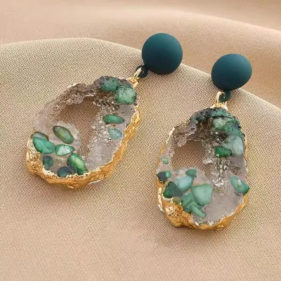 Women Retro Emerald Irregular Drop Earrings Vintage Metal Geometric Jewelry