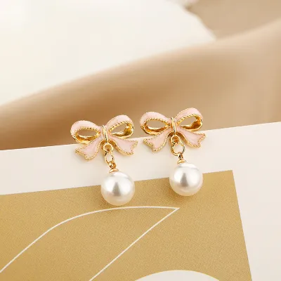 Women Fashion Creative Bow Pearl Drop Earrings