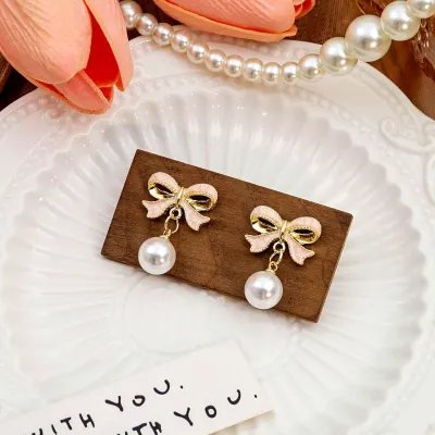 Women Fashion Creative Bow Pearl Drop Earrings
