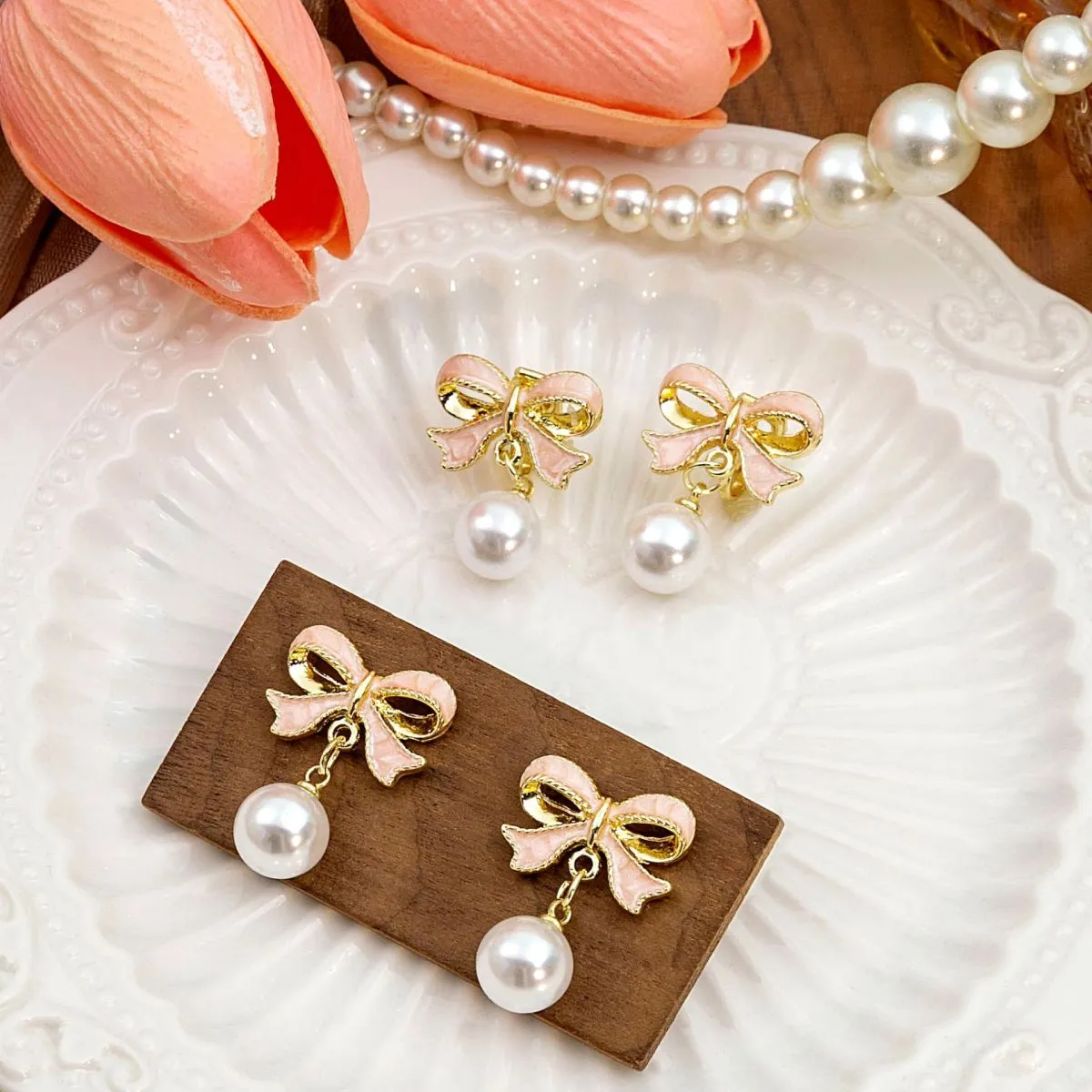Women Fashion Creative Bow Pearl Drop Earrings