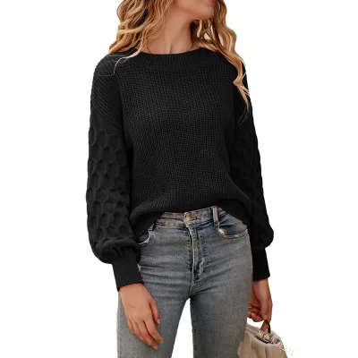 Autumn Winter Women Solid Color Long Sleeve Lantern Sleeve Crewneck Pullover Sweater