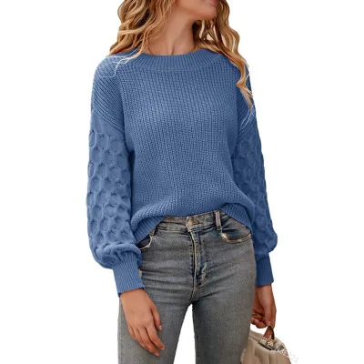 Autumn Winter Women Solid Color Long Sleeve Lantern Sleeve Crewneck Pullover Sweater