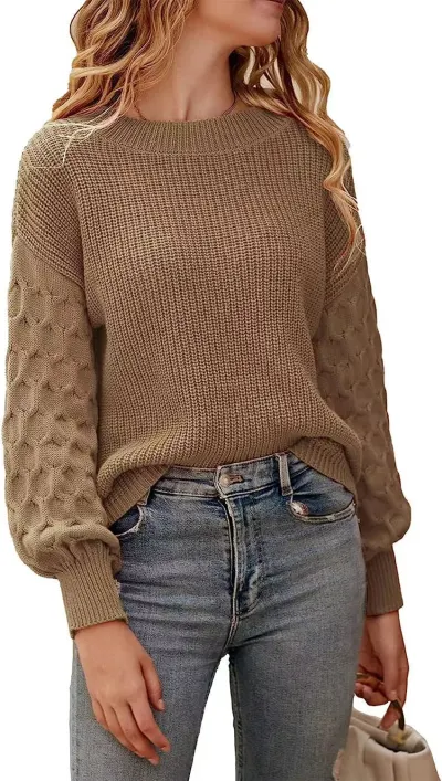 Autumn Winter Women Solid Color Long Sleeve Lantern Sleeve Crewneck Pullover Sweater