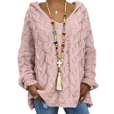 Autumn And Winter Women Casual Solid Color Knitted Hooded Pullover Sweater