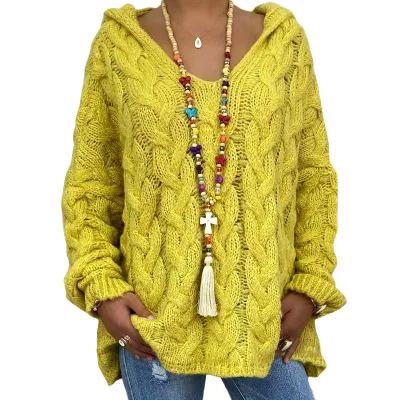 Autumn And Winter Women Casual Solid Color Knitted Hooded Pullover Sweater