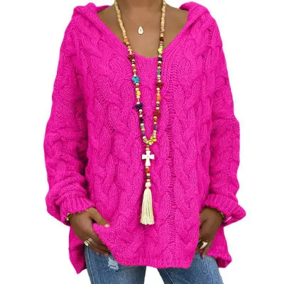 Autumn And Winter Women Casual Solid Color Knitted Hooded Pullover Sweater