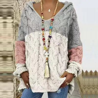 Autumn And Winter Women Casual Solid Color Knitted Hooded Pullover Sweater