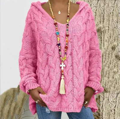 Autumn And Winter Women Casual Solid Color Knitted Hooded Pullover Sweater