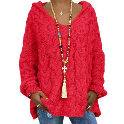 Autumn And Winter Women Casual Solid Color Knitted Hooded Pullover Sweater