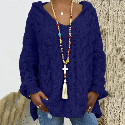 Autumn And Winter Women Casual Solid Color Knitted Hooded Pullover Sweater
