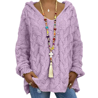 Autumn And Winter Women Casual Solid Color Knitted Hooded Pullover Sweater