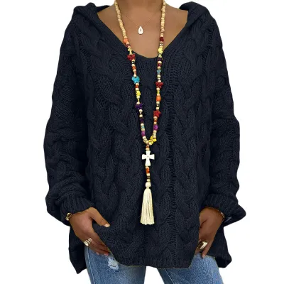 Autumn And Winter Women Casual Solid Color Knitted Hooded Pullover Sweater