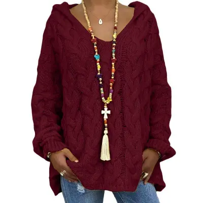 Autumn And Winter Women Casual Solid Color Knitted Hooded Pullover Sweater