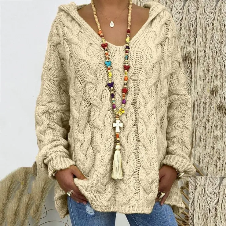 Autumn And Winter Women Casual Solid Color Knitted Hooded Pullover Sweater