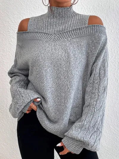 Women's Off-Shoulder Turtleneck Sweater Autumn Winter Solid Color Loose Fit Lantern Sleeve