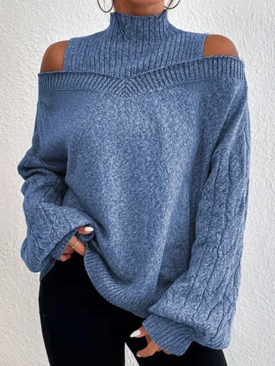 Women's Off-Shoulder Turtleneck Sweater Autumn Winter Solid Color Loose Fit Lantern Sleeve