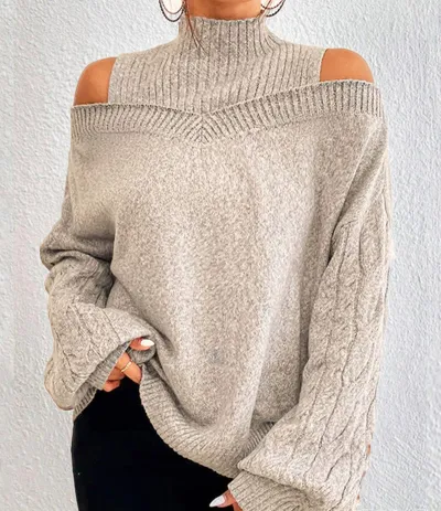 Women's Off-Shoulder Turtleneck Sweater Autumn Winter Solid Color Loose Fit Lantern Sleeve