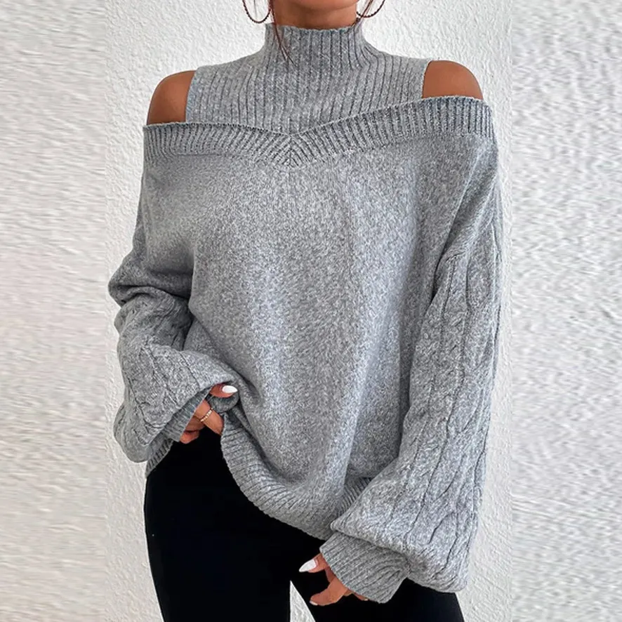 Women's Off-Shoulder Turtleneck Sweater Autumn Winter Solid Color Loose Fit Lantern Sleeve