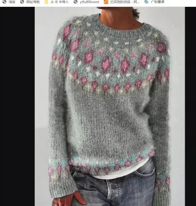 Autumn Winter Women Jacquard Color Block Loose Knit Sweater Crewneck Pullover