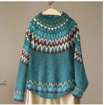 Autumn Winter Women Jacquard Color Block Loose Knit Sweater Crewneck Pullover