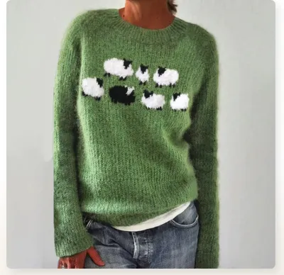 Autumn Winter Women Jacquard Color Block Loose Knit Sweater Crewneck Pullover