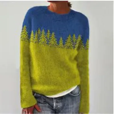 Autumn Winter Women Jacquard Color Block Loose Knit Sweater Crewneck Pullover