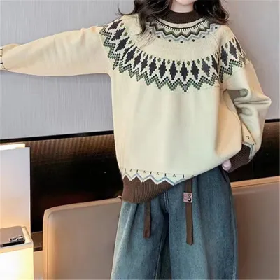 Autumn Winter Women Jacquard Color Block Loose Knit Sweater Crewneck Pullover