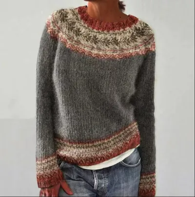 Autumn Winter Women Jacquard Color Block Loose Knit Sweater Crewneck Pullover