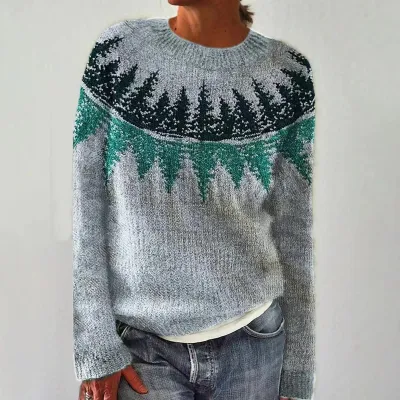 Autumn Winter Women Jacquard Color Block Loose Knit Sweater Crewneck Pullover