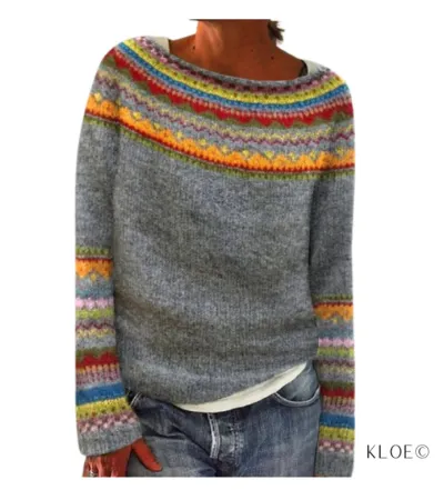 Autumn Winter Women Jacquard Color Block Loose Knit Sweater Crewneck Pullover