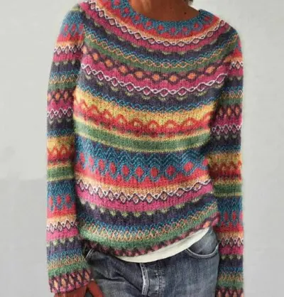 Autumn Winter Women Jacquard Color Block Loose Knit Sweater Crewneck Pullover