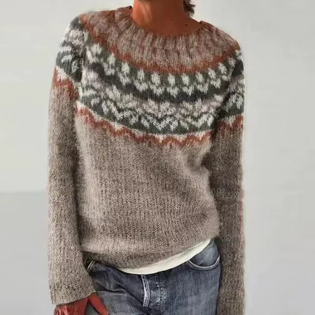 Autumn Winter Women Jacquard Color Block Loose Knit Sweater Crewneck Pullover