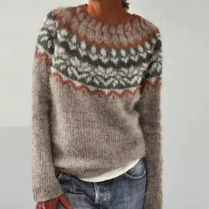 Autumn Winter Women Jacquard Color Block Loose Knit Sweater Crewneck Pullover