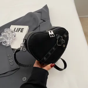 Women Fashion Heart Shape Zipper Rivet Crossbody Purse Small PU Street Trend Bag